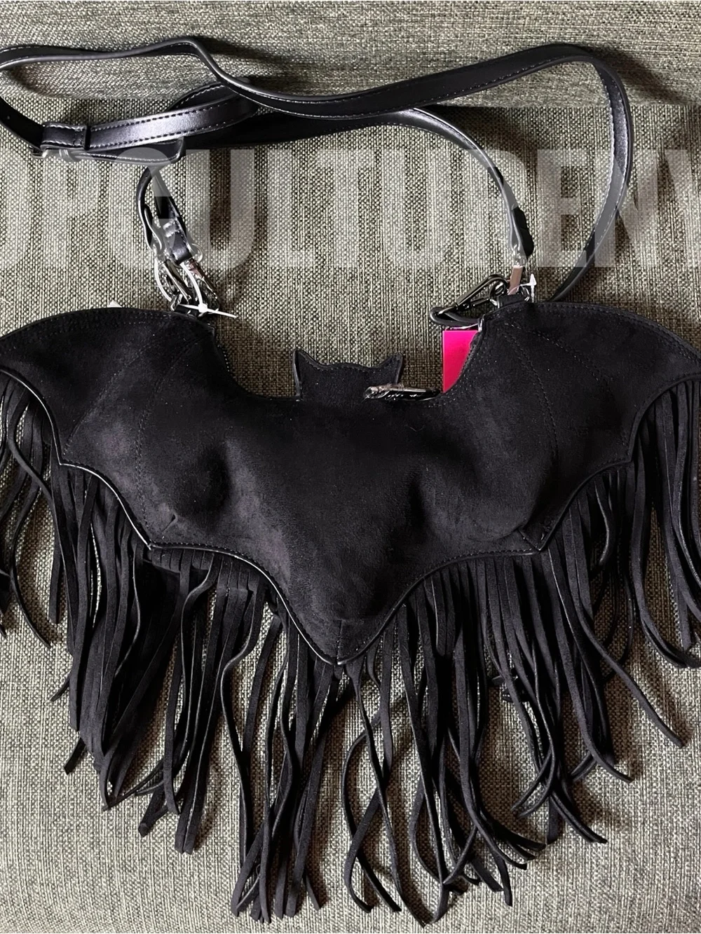 Betsey Johnson Black Suede Fringe Bat Crossbody Bag